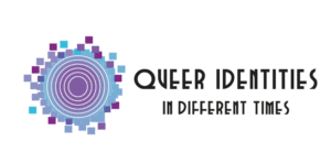 Queer Identities in Different Times Logo with a purple pixel circle.