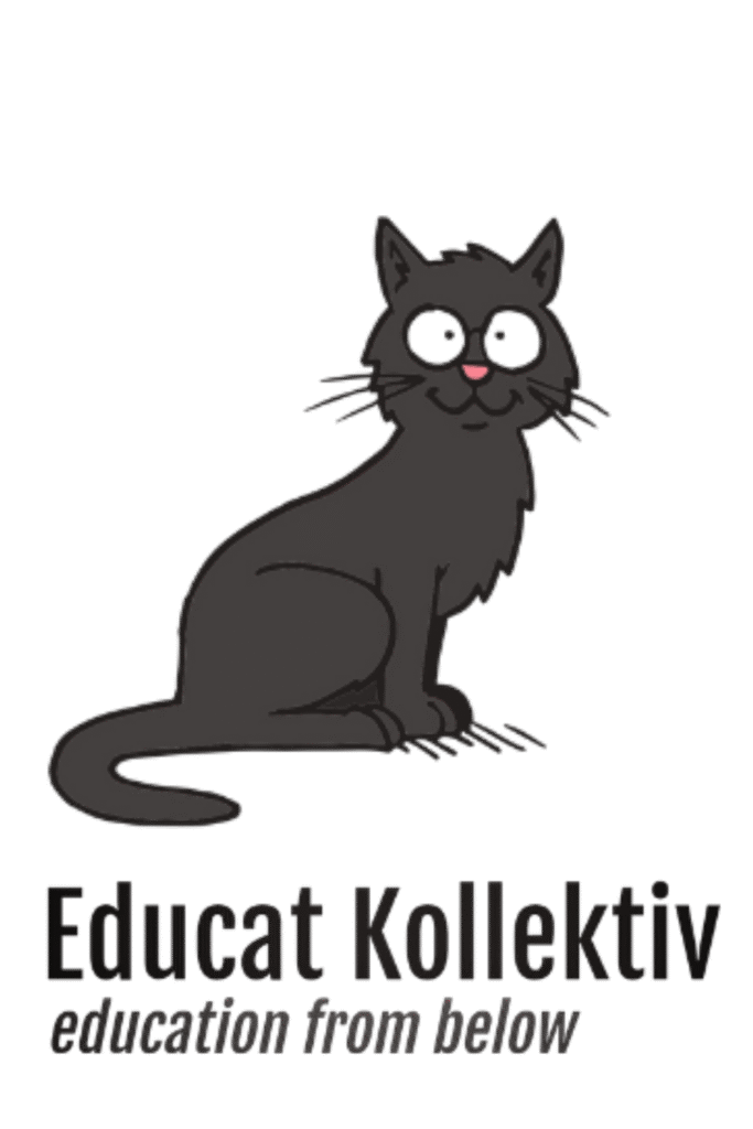 A Black Comic Cat sitting and looking in the camera. Underneath: Educat Kollektiv - education from below.