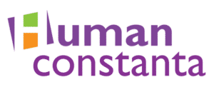 Logo Human Constanta - white H with green and orange in it and the rest of the words written in purple.