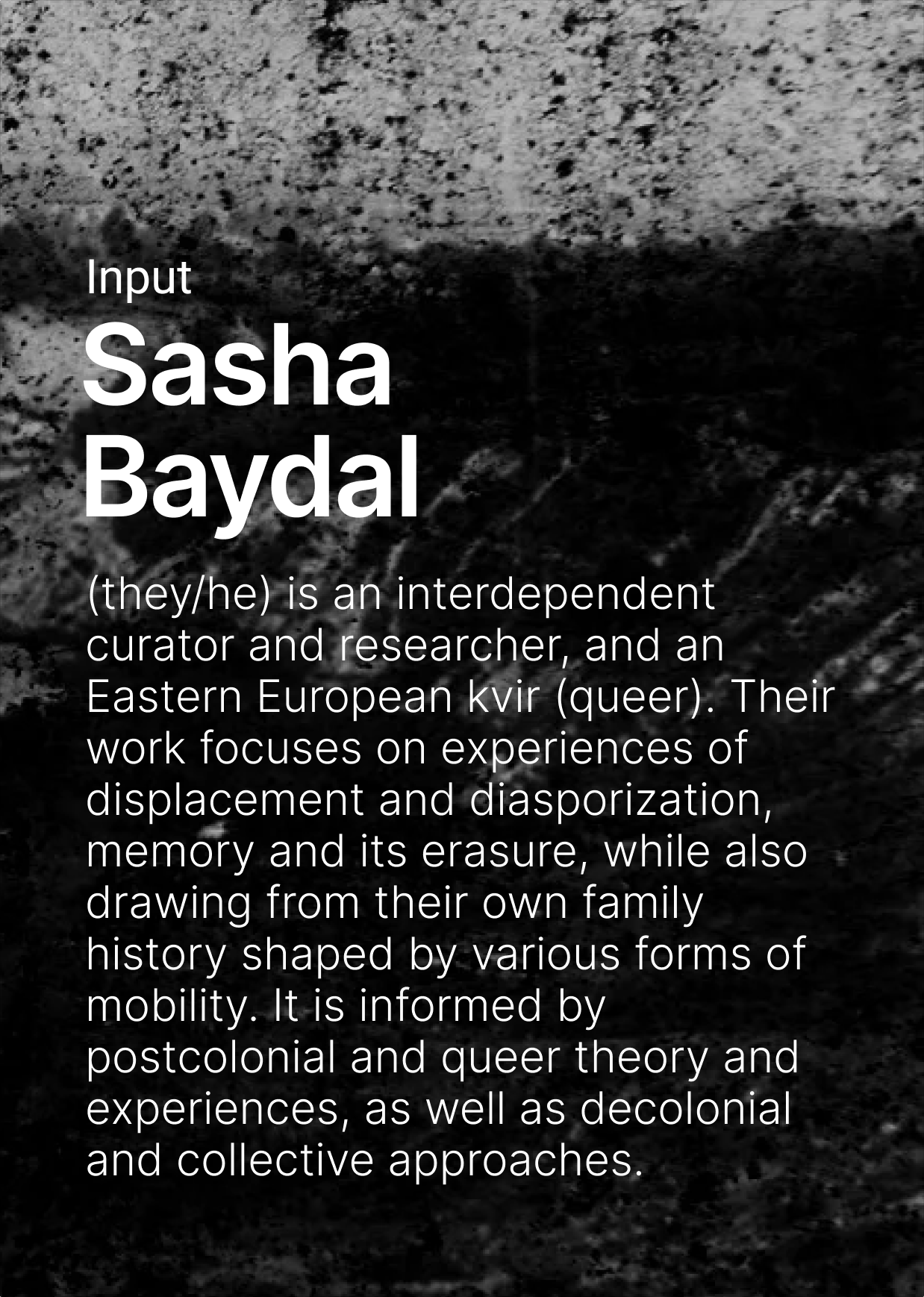 On black and white background of a landscape shaped by mining there is the name of the speaker and their biography written in white letters. Sasha Baydal (they/he) is an interdependent curator and researcher, and an Eastern European kvir (queer). Their work focuses on experiences of displacement and diasporization, memory and its erasure, while also drawing from their own family history shaped by various forms of mobility. It is informed by postcolonial and queer theory and experiences, as well as decolonial and collective approaches, and involves daily efforts of recollection, remembrance, and decolonization. In 2021, Baydal co-founded the collective "Beyond the post-soviet". They currently live and work between Marseille, Istanbul, and Tiohtià:ke/Montreal.