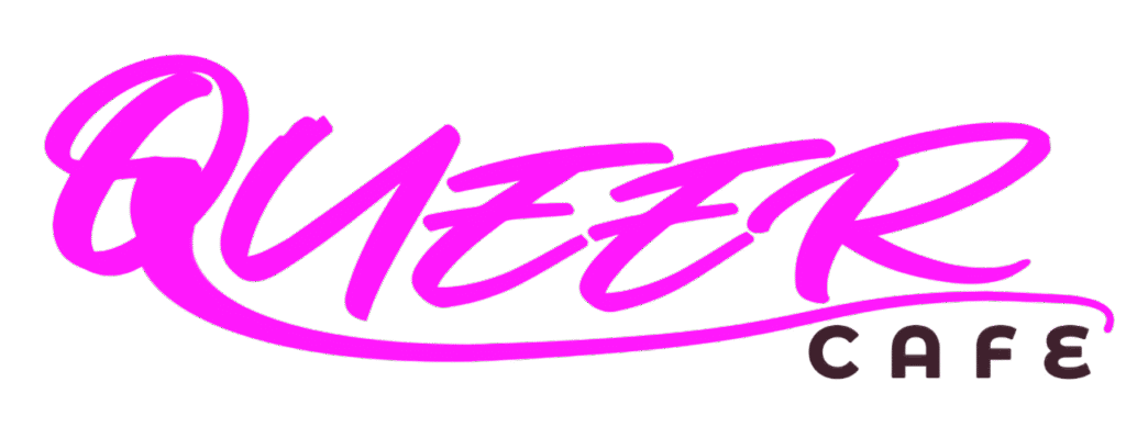 in pink written letters QUEER, in black letters CAFE - Queer Cafe Logo