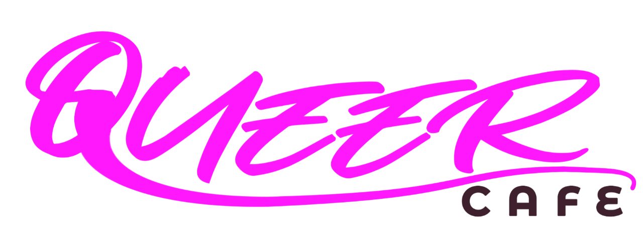 in pink written letters QUEER, in black letters CAFE - Queer Cafe Logo