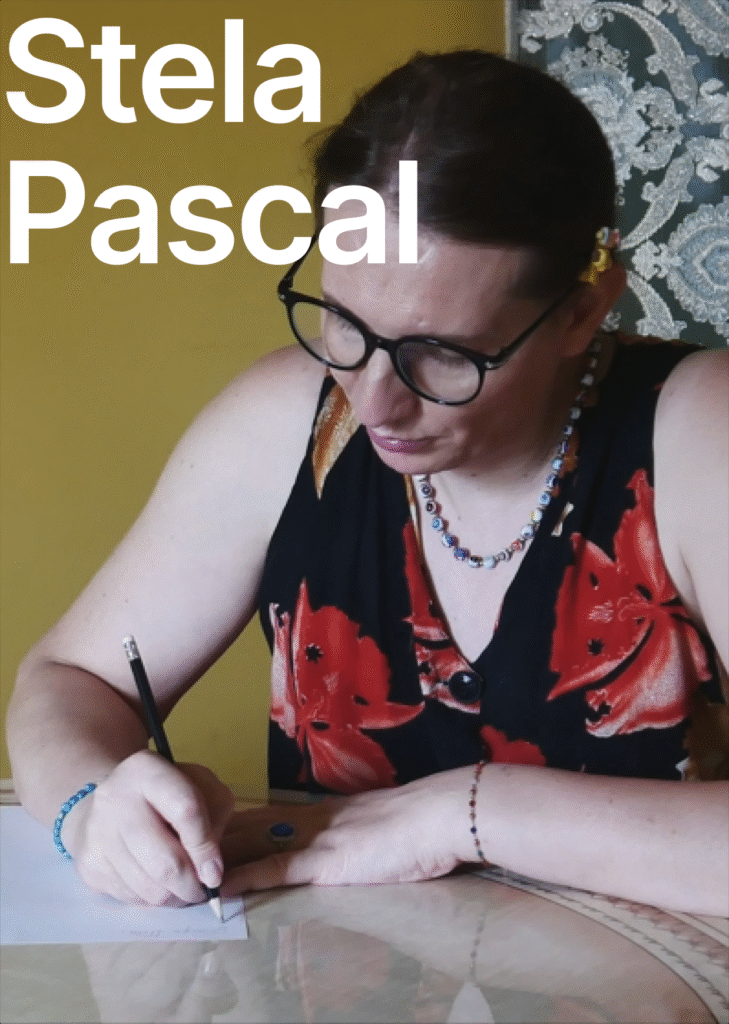 Stela Pascal. There is a yellow background. There is a woman sitting at the table and writing something on the white sheet of paper with a pencil. She is wearing a black and red dress. She is wearing glasses and a colourful necklace. She also has bracelets on each of her arms.