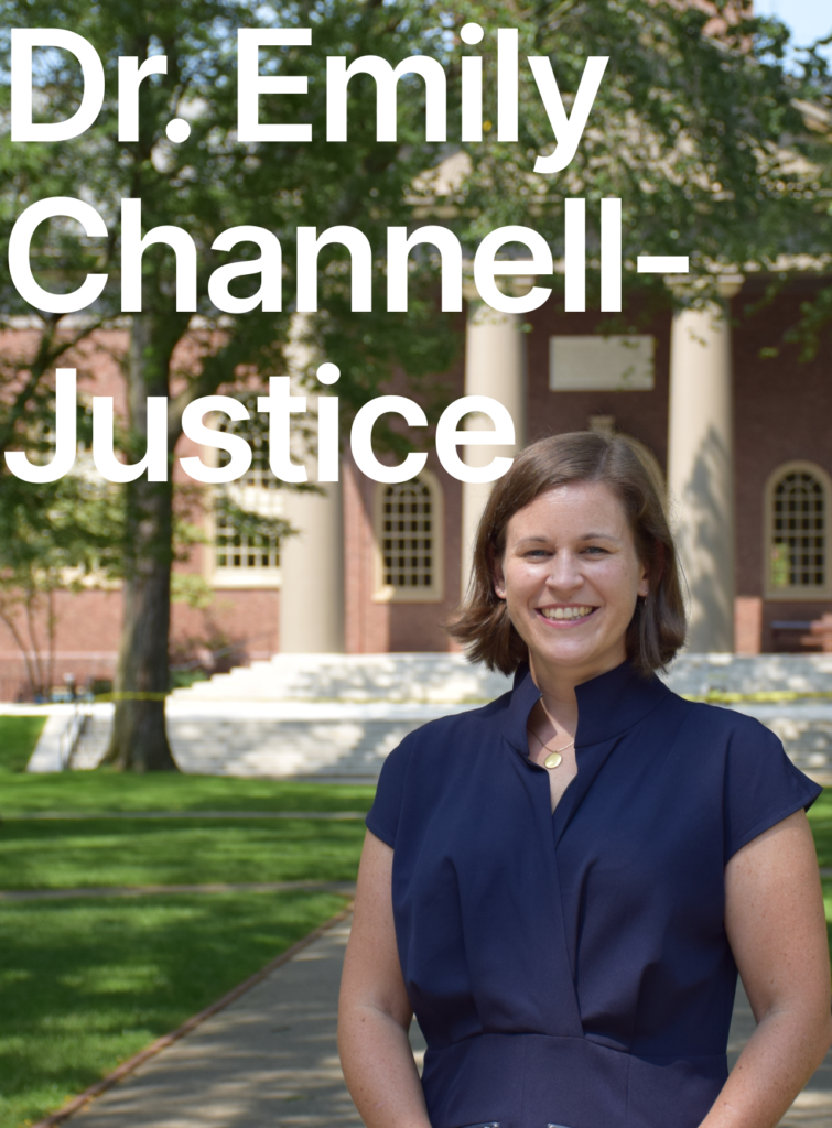 There is a colourful bright picture in the background. There is a person standing in front of the building. The person is wearing a blue dress and wears short brown hair. The person is smiling friendly. At the top left corner there is a name of the person typed in white letters: Dr. Emily Channel-Justice