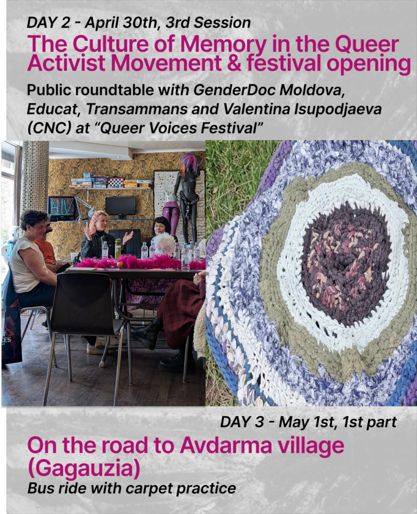 At the top of the slide there is a text:
DAY 2 - April 30th, 3rd Session. The Culture of Memory in the Queer Activist Movement & festival opening. Public roundtable with GenderDoc Moldova, Educat, Transammans and Valentina Isupodjaeva (CNC) at “Queer Voices Festival”There are two pictures on the slide. In the left picture there are four people visible sitting around the table. There are coats hanging on their chairs. In the back ground there is a colourful wall with plastic mannequins on it.
In the second picture there is an image of a round colourful carpet laying on the grass. The carpet is handmade out of fabrics.At the bottom there is a text: DAY 3 - May 1st, 1st part. On the road to Avdarma village (Gagauzia). Bus ride with carpet practice