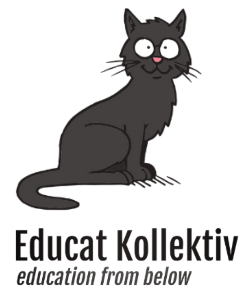 A Black Comic Cat sitting and looking in the camera. Underneath: Educat Kollektiv - education from below.
