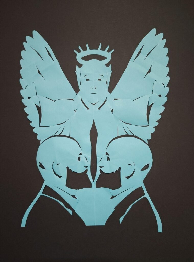 The silhouette representing the letter Q for ‘Queer’ is in light blue. The lower half of the image shows two people in profile, both with beards and wearing suits. The two are standing very close together and looking into each other’s eyes. Above them, a figure with wings has its arms outstretched, as if bestowing a blessing. This figure is wearing a robe reminiscent of that worn by Christian clergy and has a halo.