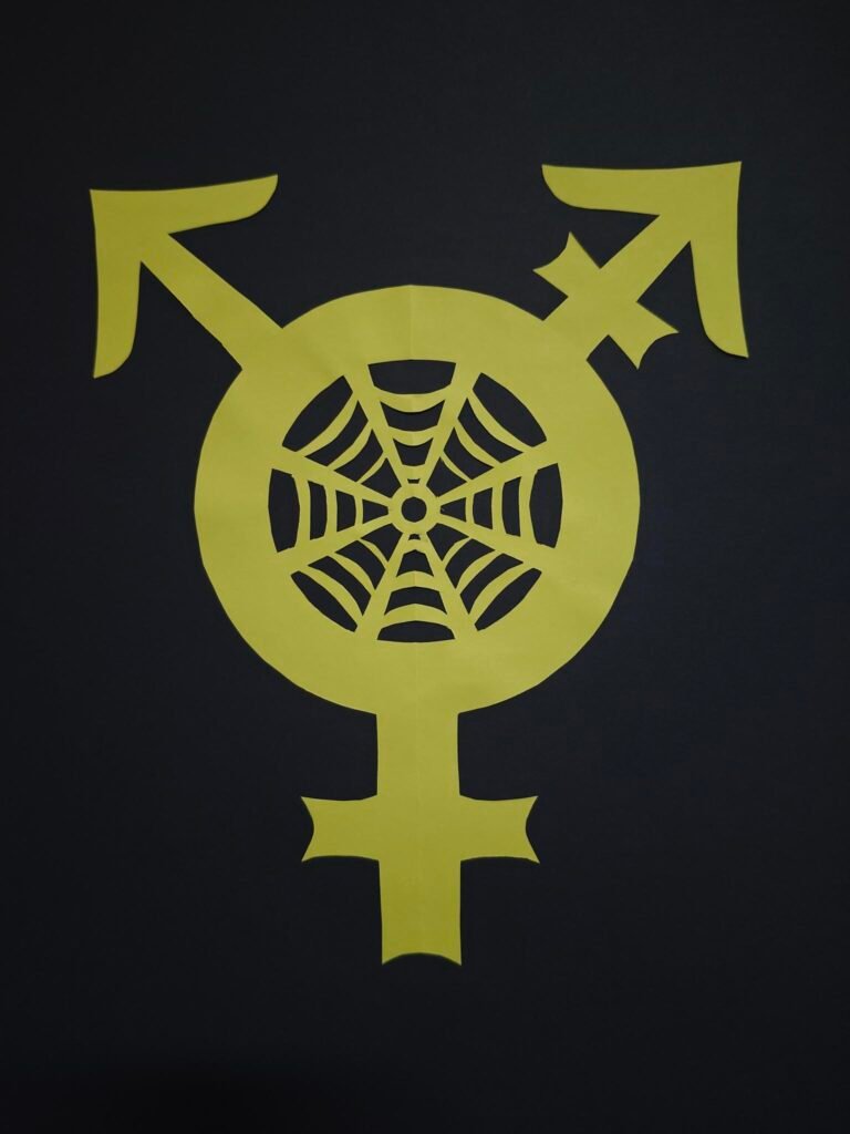 The silhouette of the letter T for ‘Trans*’ is in light green. It depicts the trans symbol: a circle in the centre, with an arrow extending from it and pointing upwards to the left, representing male. A cross pointing downwards represents female. An arrow with a cross pointing upwards to the right represents both, as well as everything* beyond and outside. Inside the circle in the centre of the silhouette is a spider’s web.
